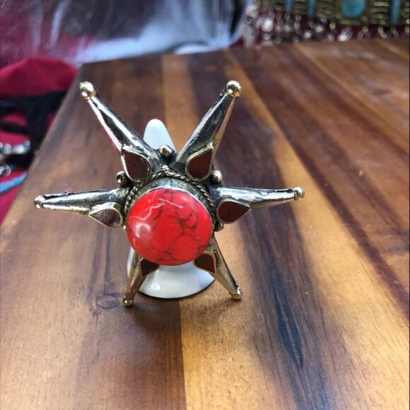 Red Stone Star Ring, Afghan Massive Ring, Handmade Statement Stone Ring, Boho - Picture 14 of 14